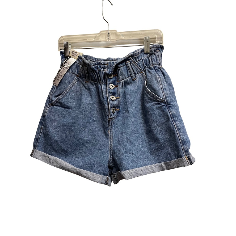 SONG Women Blue Paperbag Denim Shorts High Rise Button Fly Cuffed Size L NWT